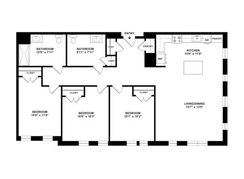 Three Bedroom One and Half Bathrooms : Beds - 3: Baths - 1.5: SqFt Range - 1082 to 1082