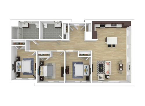 Three Bedroom One and Half Bathrooms : Beds - 3: Baths - 1.5: SqFt Range - 1082 to 1082