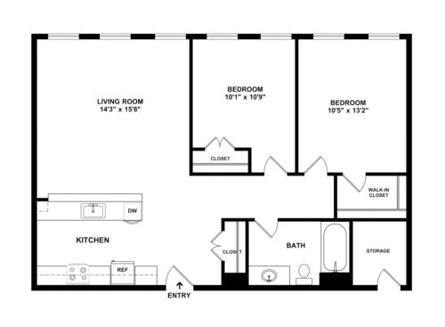 2 Bed 1 Bath B: Beds - 2: Baths - 1: SqFt Range - 802 to