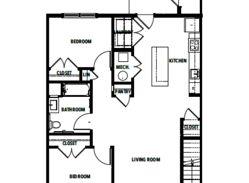 2 Bed 1 Bath - 2D Floorplan