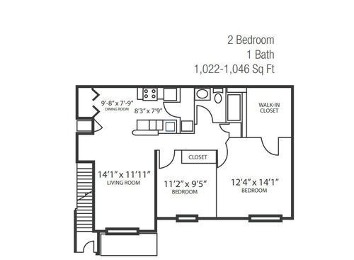 2 bed 1 bath floor plan Hartford Village Commons