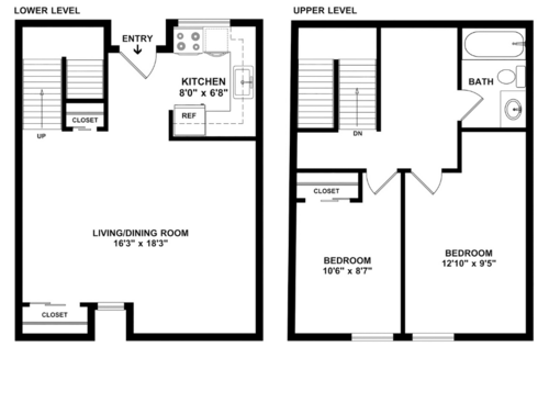 Two Bedroom Townhome: Beds - 2: Baths - 1: SqFt Range - 864 to 864