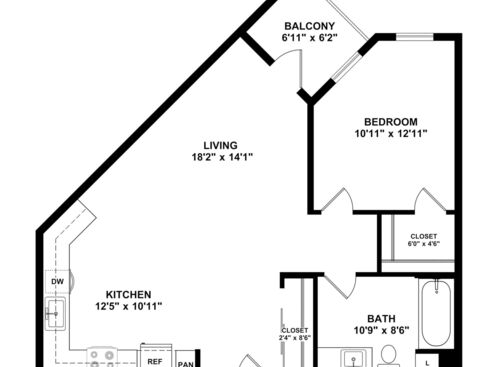 One Bedroom: Beds - 1: Baths - 1: SqFt Range - 665 to 847