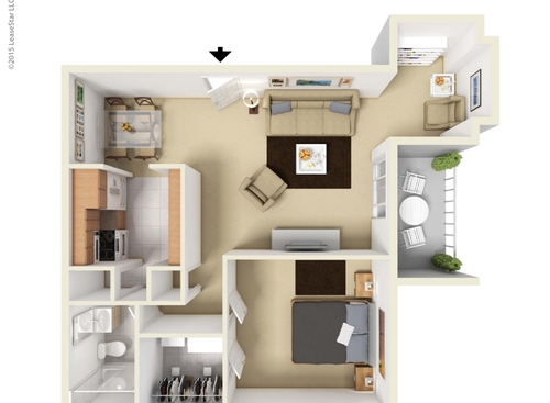 One Bedroom with Sunroom: Beds - 1: Baths - 1: SqFt Range - 740 to 740