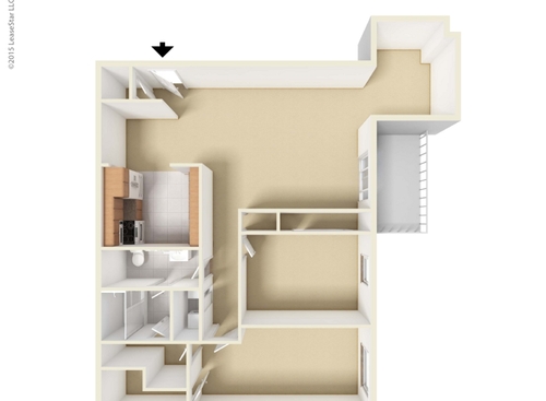 Two Bedroom with Sunroom: Beds - 2: Baths - 1: SqFt Range - 1050 to 1070