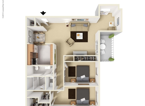 Two Bedroom with Sunroom: Beds - 2: Baths - 1: SqFt Range - 1050 to 1070