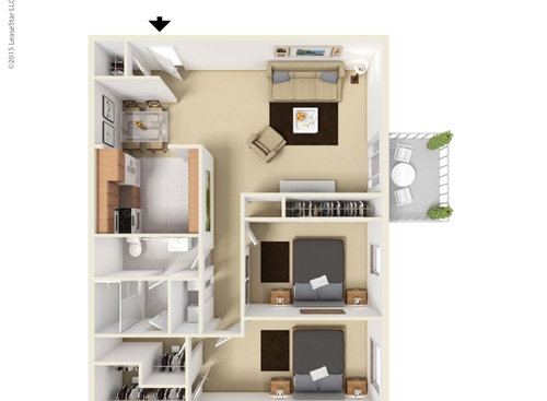 Two Bedroom Patio/Balcony: Beds - 2: Baths - 1: SqFt Range - 980 to 980