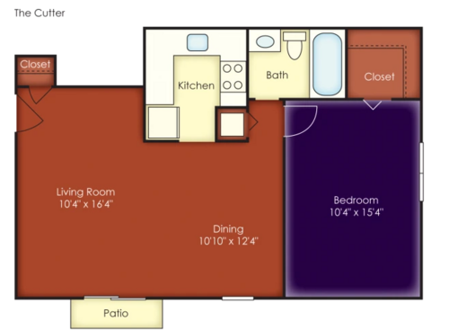 The Cutter Floor Plan - 1 Bed 1 Bath 670 Sqft