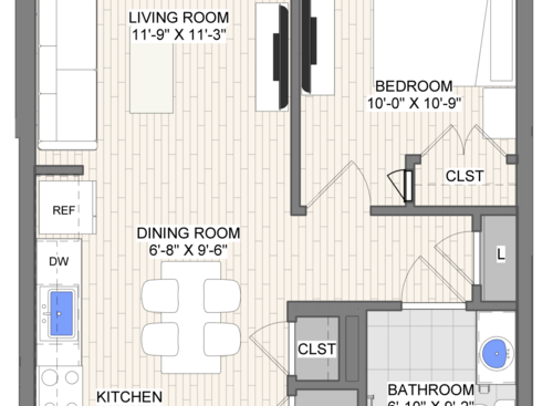 The Waypoint Axis floor plan 1 bedroom 1 bathroom 617 square feet