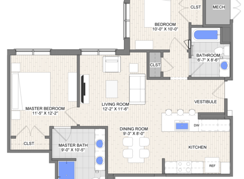 The Waypoint Intersection floor plan 2 bedroom 2 bathroom 1050 square feet