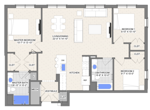 The Waypoint Junction floor plan 3 bedroom 2 bathroom 1200 square feet