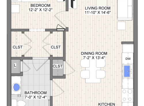 The Waypoint Vector floor plan 1 bedroom 1 bathroom 596 square feet