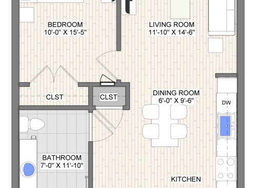 The Waypoint Vector Accessible floor plan 1 bedroom 1 bathroom 596 square feet