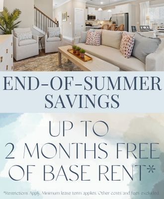 Leasing special graphic with a clean light colored livingroom advertising Spring into Savings, up to $5000 off base rent, restrictions apply, minimum lease term applies, other costs and fees excluded.