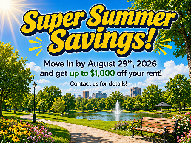 Image showing the following special:﻿ Move in by August 29th, 2026 and get up to $1,000 off your rent!  Contact us for details!