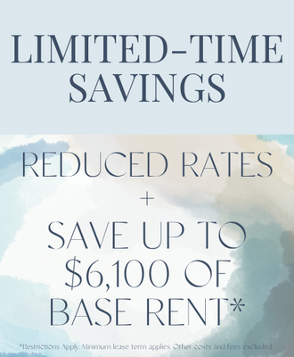 Leasing special graphic with a clean light colored livingroom advertising Spring into Savings, up to $5000 off base rent, restrictions apply, minimum lease term applies, other costs and fees excluded.