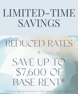 Leasing special graphic with a clean light colored livingroom advertising Spring into Savings, up to $5000 off base rent, restrictions apply, minimum lease term applies, other costs and fees excluded.