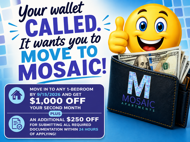 Move-In Special: Move in to any 1-bedroom by September 15th, 2026 and get $1,000 off your second month, plus an additional $250 for submitting all required documentation within 24 hours of applying!