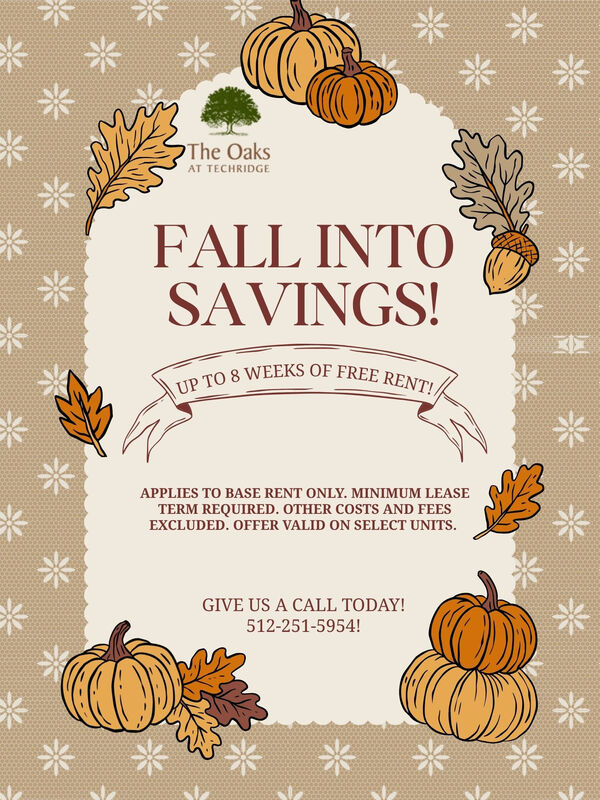 Leasing Special graphic for The Oaks at Techridge with pink flower and green leaf border advertising Savings in full bloom with up to 4 weeks free for base rent only, minimum lease terms required, other costs and fees excluded, and only for select units.