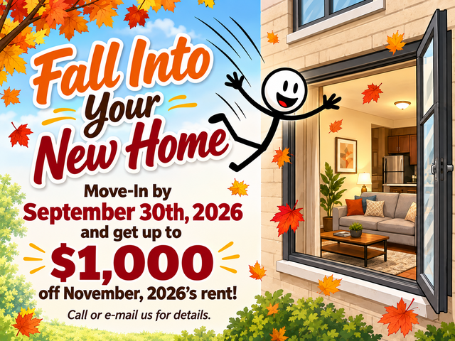 Image showing the following special:﻿ ﻿Move in by September 30th, 2026 and get up to $1,000 off November 2026's rent!  Call or e-mail us for details!