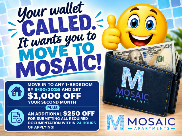 Move-In Special: Move in to any 1-bedroom by September 15th, 2026 and get $1,000 off your second month, plus an additional $250 for submitting all required documentation within 24 hours of applying!