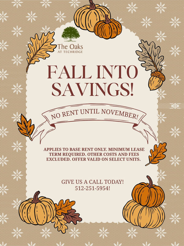 Leasing Special graphic for The Oaks at Techridge with pink flower and green leaf border advertising Savings in full bloom with up to 4 weeks free for base rent only, minimum lease terms required, other costs and fees excluded, and only for select units.
