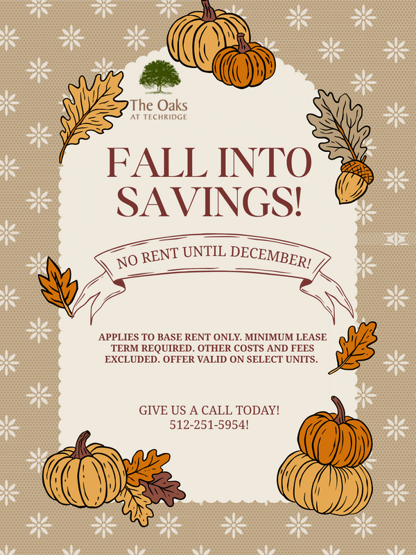 Leasing Special graphic for The Oaks at Techridge with pink flower and green leaf border advertising Savings in full bloom with up to 4 weeks free for base rent only, minimum lease terms required, other costs and fees excluded, and only for select units.
