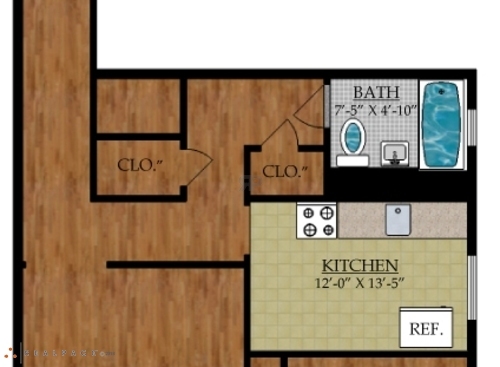 Large One Bedroom One Bath B: Beds - 1: Baths - 1: SqFt Range - 750 to 750