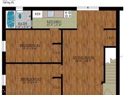 Two Bedroom One Bath: Beds - 2: Baths - 1: SqFt Range - 760 to 760