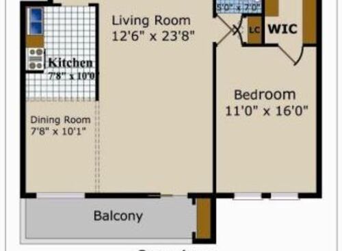 Large One Bedroom One Bath: Beds - 1: Baths - 1: SqFt Range - 775 to 775