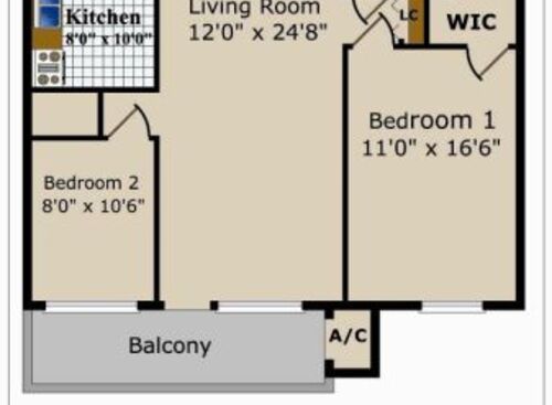 Two Bedroom One Bath: Beds - 2: Baths - 1: SqFt Range - 802 to 802