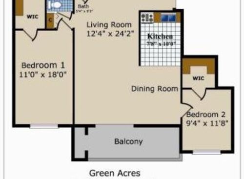 Large Two Bedroom One Bath: Beds - 2: Baths - 1: SqFt Range - 950 to 950