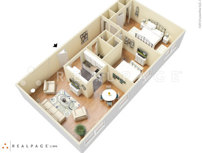 Two Bedroom One Bath E-F-G-J-M: Beds - 2: Baths - 1: SqFt Range - 990 to 990
