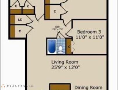 Three Bedroom Two Bath D: Beds - 3: Baths - 2: SqFt Range - 1381 to 1381