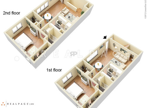 1 Bed 1 Bath Duplex 2nd Floor: Beds - 1: Baths - 1: SqFt Range - 735 to 735