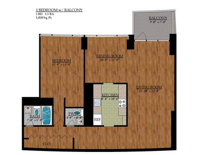 One Bedroom One Bath Balcony: Beds - 1: Baths - 1: SqFt Range - 1050 to 1050