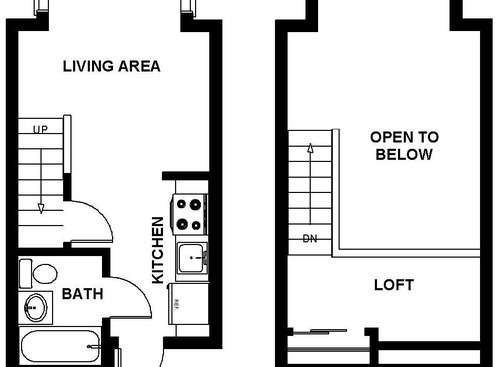 Studio with Loft: Beds - Studio: Baths - 1: SqFt Range - 375 to 565