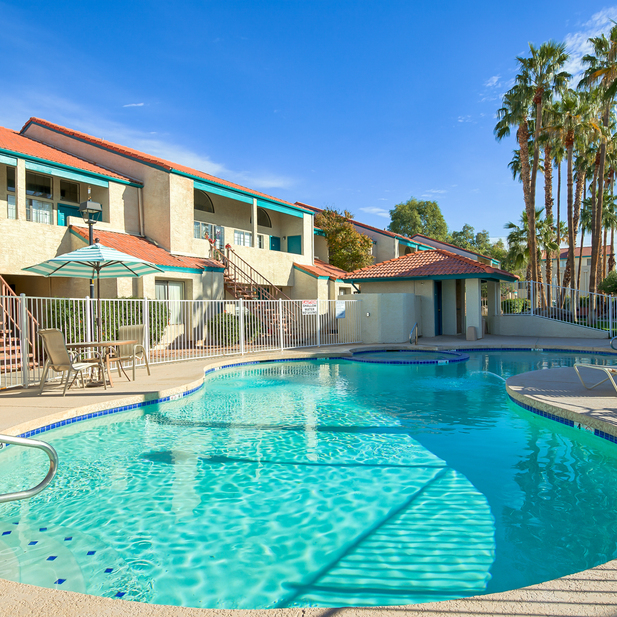 Community pool surrounded by palms and homes.