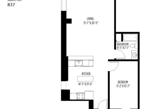 1 Bedroom, 1 Bath: Beds - 1: Baths - 1: SqFt Range - 837 to 837