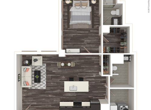 One Bedroom, Two Bath: Penthou: Beds - 1: Baths - 2: SqFt Range - 881 to 881