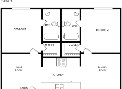 2 Bedroom, 2 bath: Beds - 2: Baths - 2: SqFt Range - 728 to 728