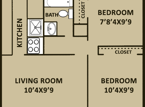2B-2 Bedroom 1 Bath: Beds - 2: Baths - 1: SqFt Range - 571 to 571