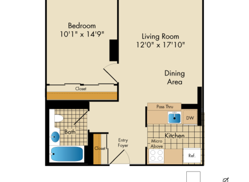 1 Bedroom B: Beds - 1: Baths - 1: SqFt Range - 614 to 618