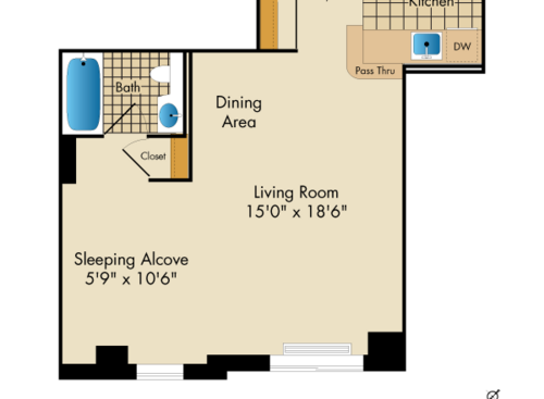 Studio E3: Beds - Studio: Baths - 1: SqFt Range - 554 to 554