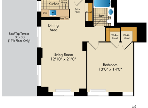 1 Bedroom D: Beds - 1: Baths - 1: SqFt Range - 755 to 755