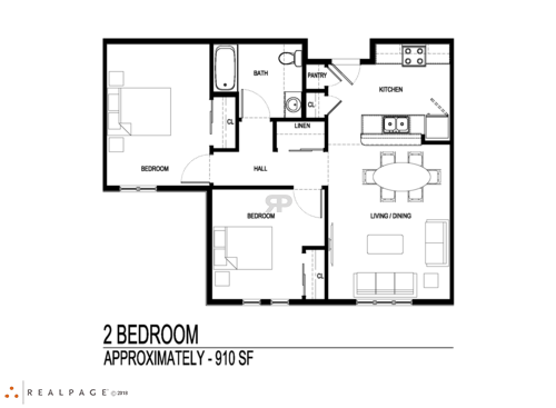 2 Bedroom - 1 Bathroom  Exempt: Beds - 2: Baths - 1: SqFt Range - 910 to 910