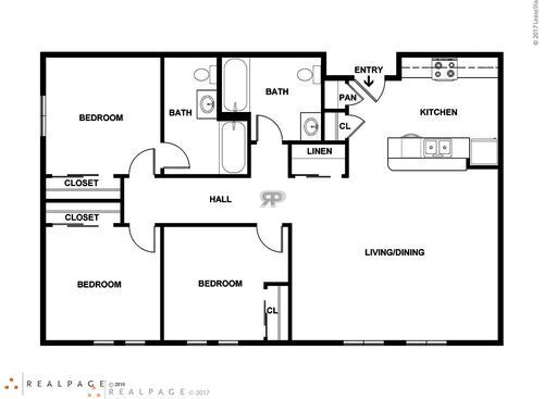 3 Bedroom - 1 Bathroom: Beds - 3: Baths - 2: SqFt Range - 1220 to 1220