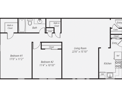 2 Bedroom / 1 Bath: Beds - 2: Baths - 1: SqFt Range - 1090 to 1090