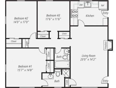 3 Bedroom / 1 Bath: Beds - 3: Baths - 1: SqFt Range - 1325 to 1325