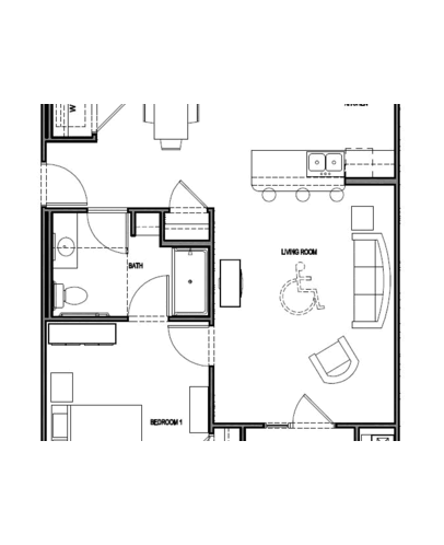 1 BEDROOM UNIT TYPE A - ROLL IN SHOWER: Beds - 1: Baths - 1: SqFt Range - 850 to 850